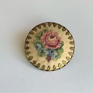 Vintage Floral Embroidered Needlepoint Brooch pin with Gold Trim cottage core